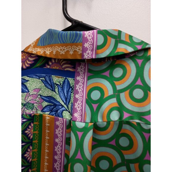 Rachel Zoe BOHO Top Womens Medium Floral Patchwork Satin Button Up Long Sleeve - Picture 7 of 11